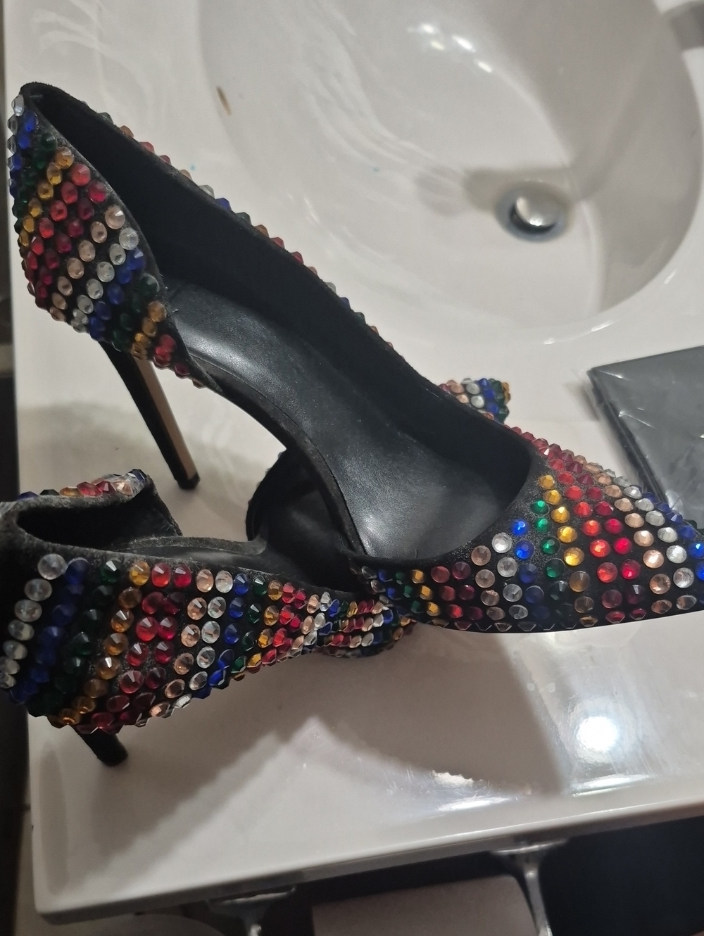 Black Pointed Toe Stilettos with Multicolor Crystal Embellishments